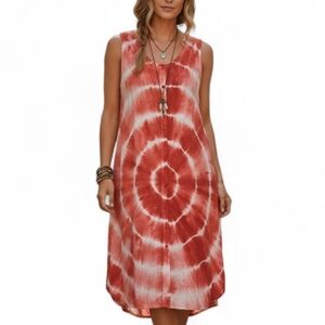 Boho Tie-Dye Sleeveless Embroidered Buttondown Dress - Red